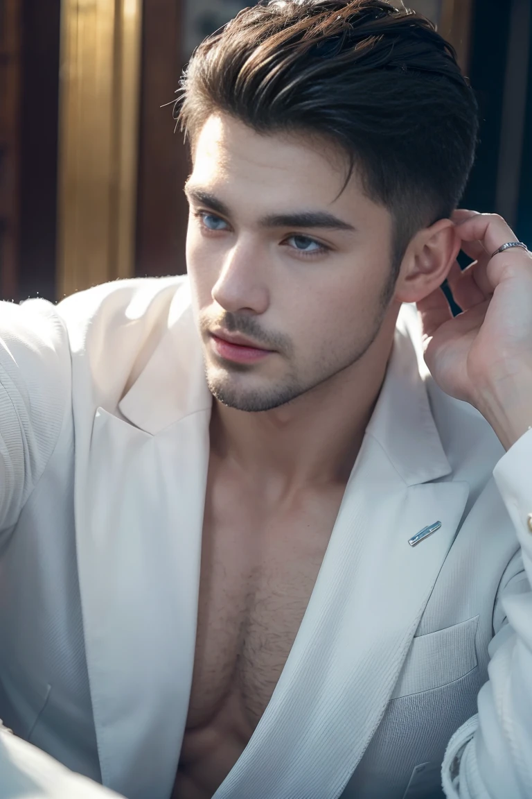 Ultra wide angle,((masterpiece)),((best quality)),8K,High Detail,Very detailed, 2 handsome muscular boys,Very manly,blue eyes,Fashionable short hair,Vivid male image, fashion pose, masculine expression,Real skin texture, ((Perfect hand details)),(Real and complete hand details),Light,
Royal blue style couple,White male model photos