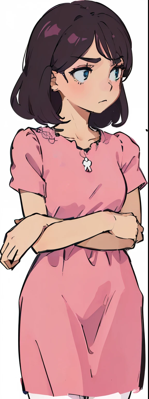 a cartoon girl in a pink dress with her Arms Crossed, Wearing a pink dress, Cross your arms, arms crossed, crossed arms, Arms Crossed on chest, Arms Crossed, Wearing a pink dress, posing with Cross your arms, shrug arms, Upper body portrait, mid body portrait, Full body close-up, Hands on hips, Close-up of upper body
