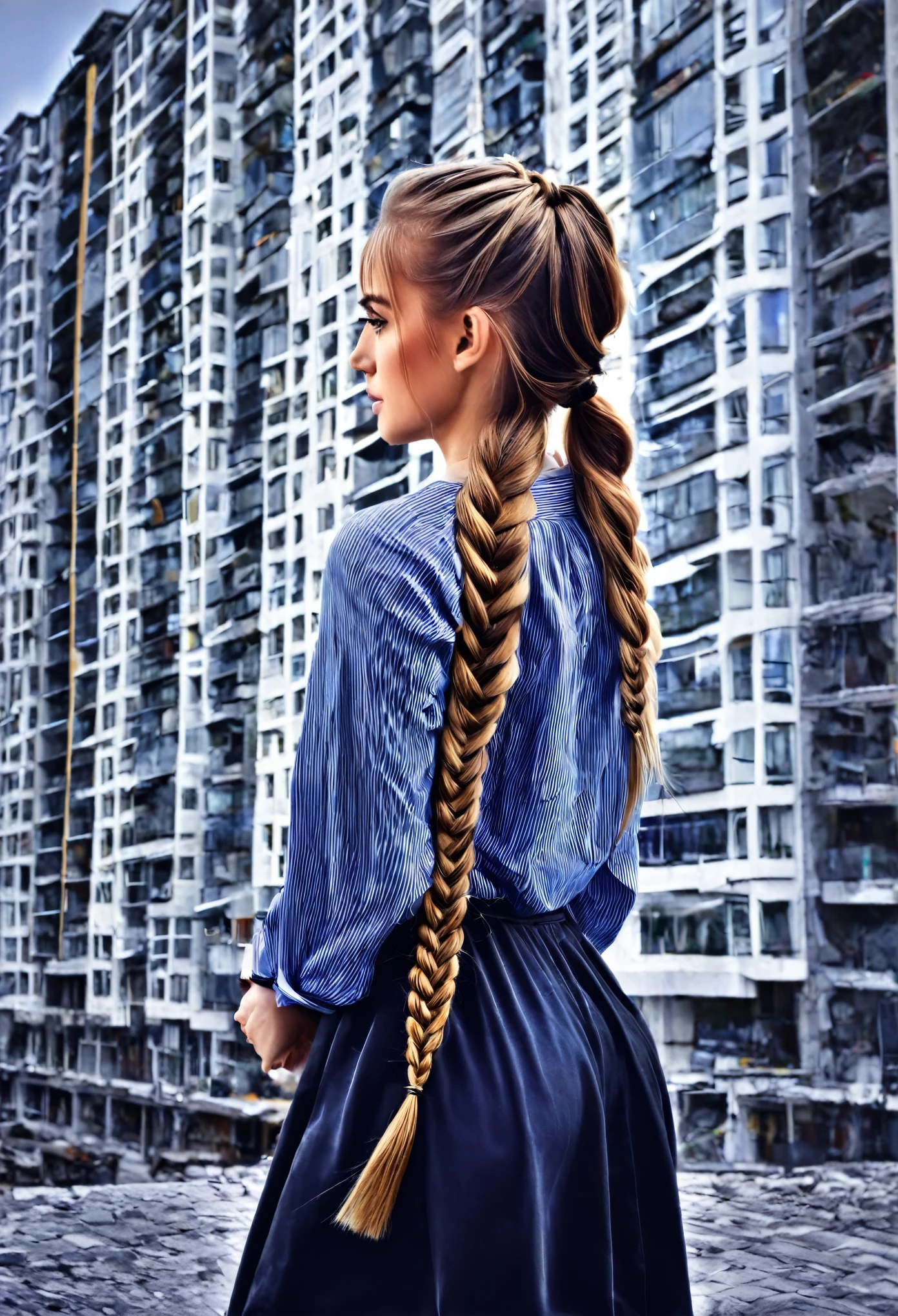 ((1 girl)),((building)), braid,Braided ponytail,(alone:1.2), I'm bald., 16 yo,look at viewer, sunlight,Hanfu, Cheng Qiang, bare