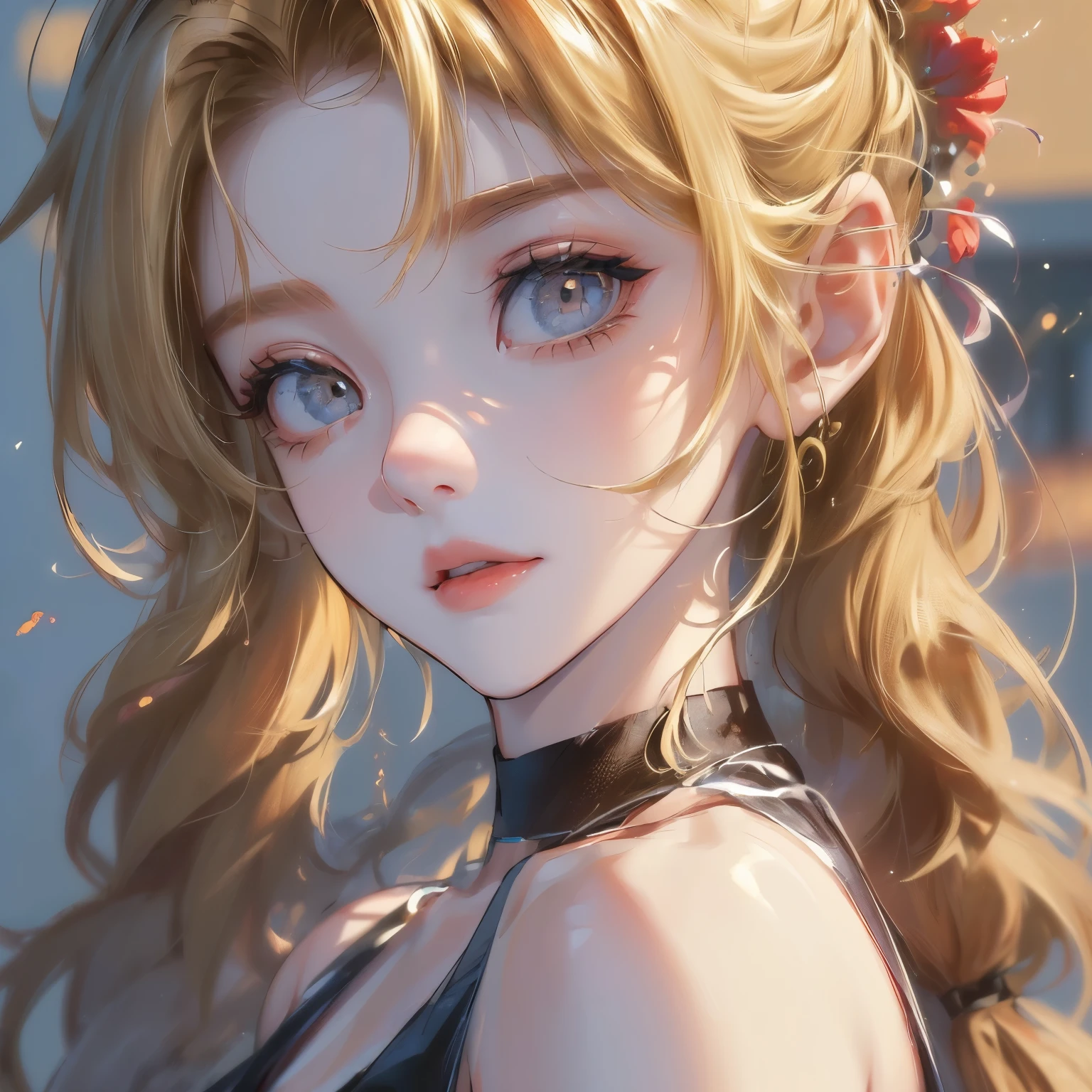 woman,((Best Quality, 8K, Masterpiece: 1.3)), , Focus Clear: 1.2, Outstanding Beauty: 1.4, Slender Abs: 1.2, ((Blonde, Big: 1.2)), Black Tank Top, Highly Detailed Face and Skin Texture, Detailed Eyes, Double Eyelids