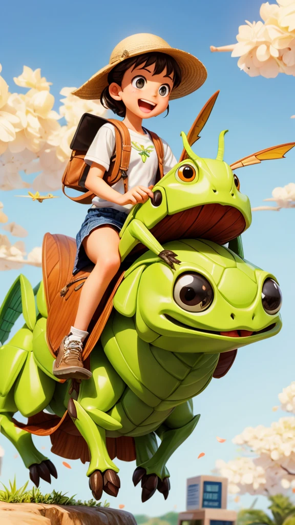 A girl riding a giant grasshopper to school、fly in the sky