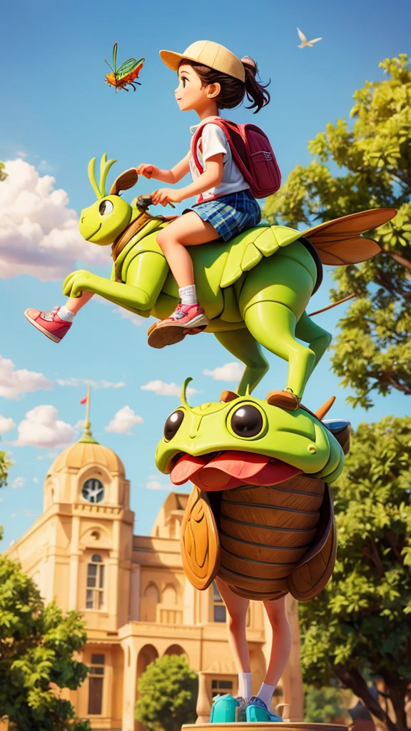 A girl riding a giant grasshopper to school、fly in the sky