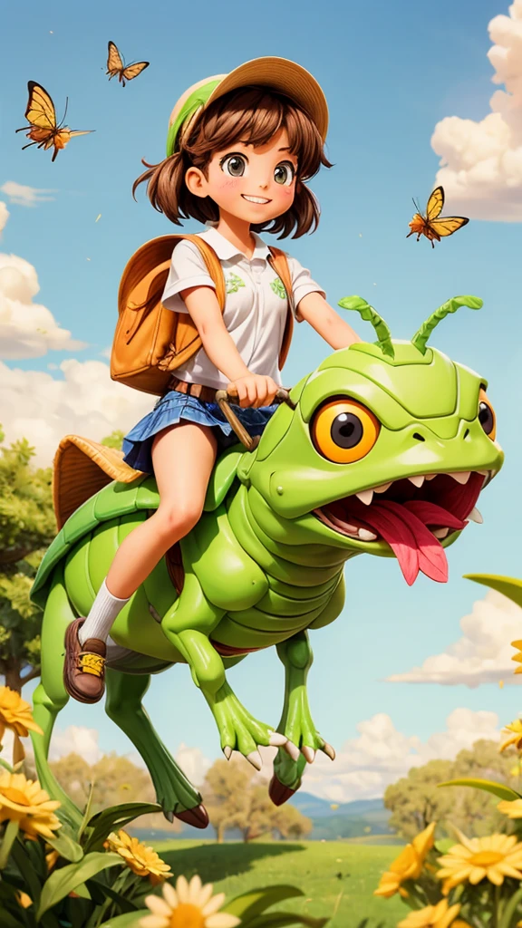 A girl riding a giant grasshopper to school、fly in the sky