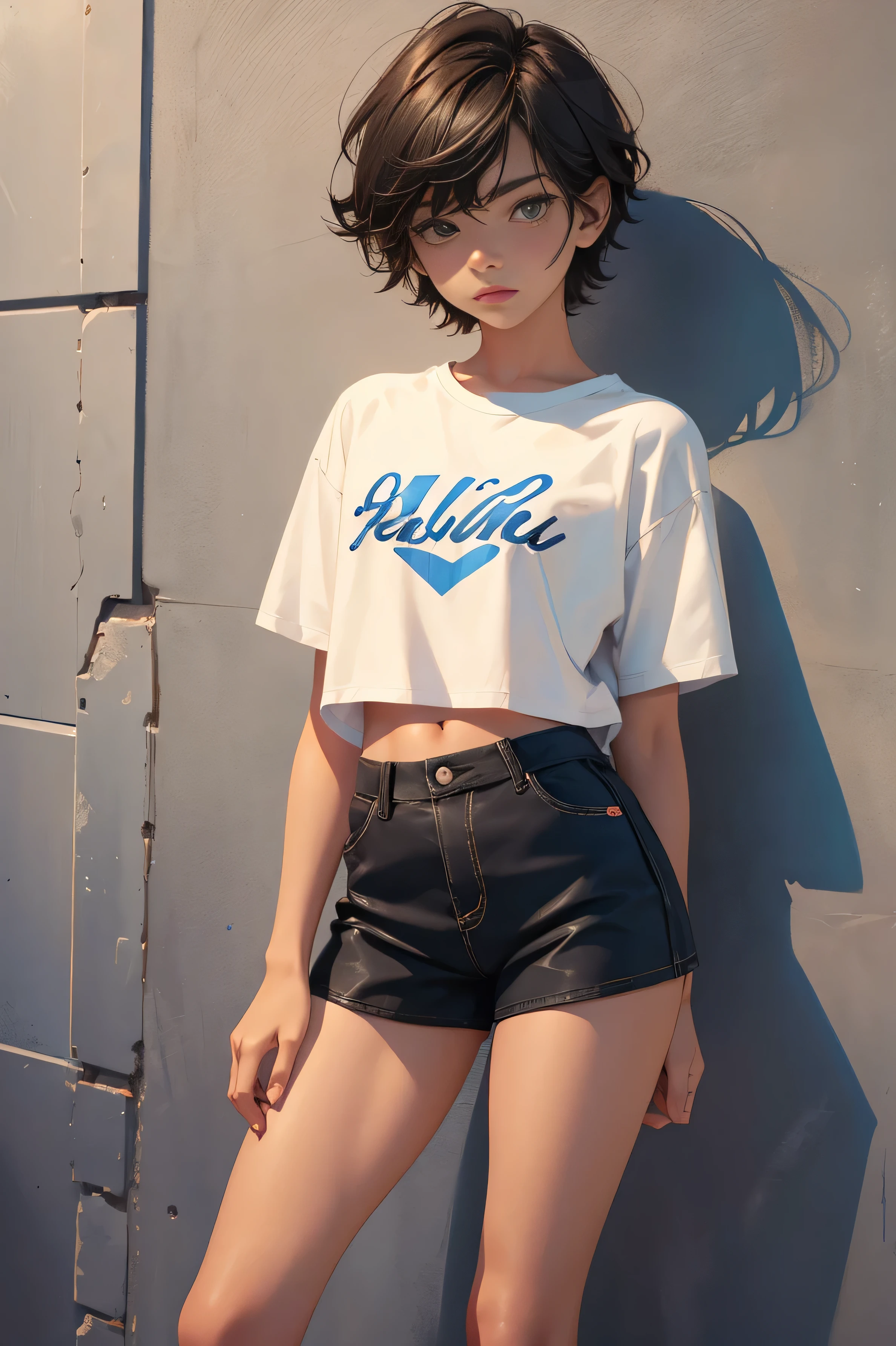 Teen boy 16 years old, beautiful teen boy is wearing a cropped shirt and too very much short mini shorts, the boy's legs are beautiful, tanned, bangs, flirty posing, hot summer, top quality,