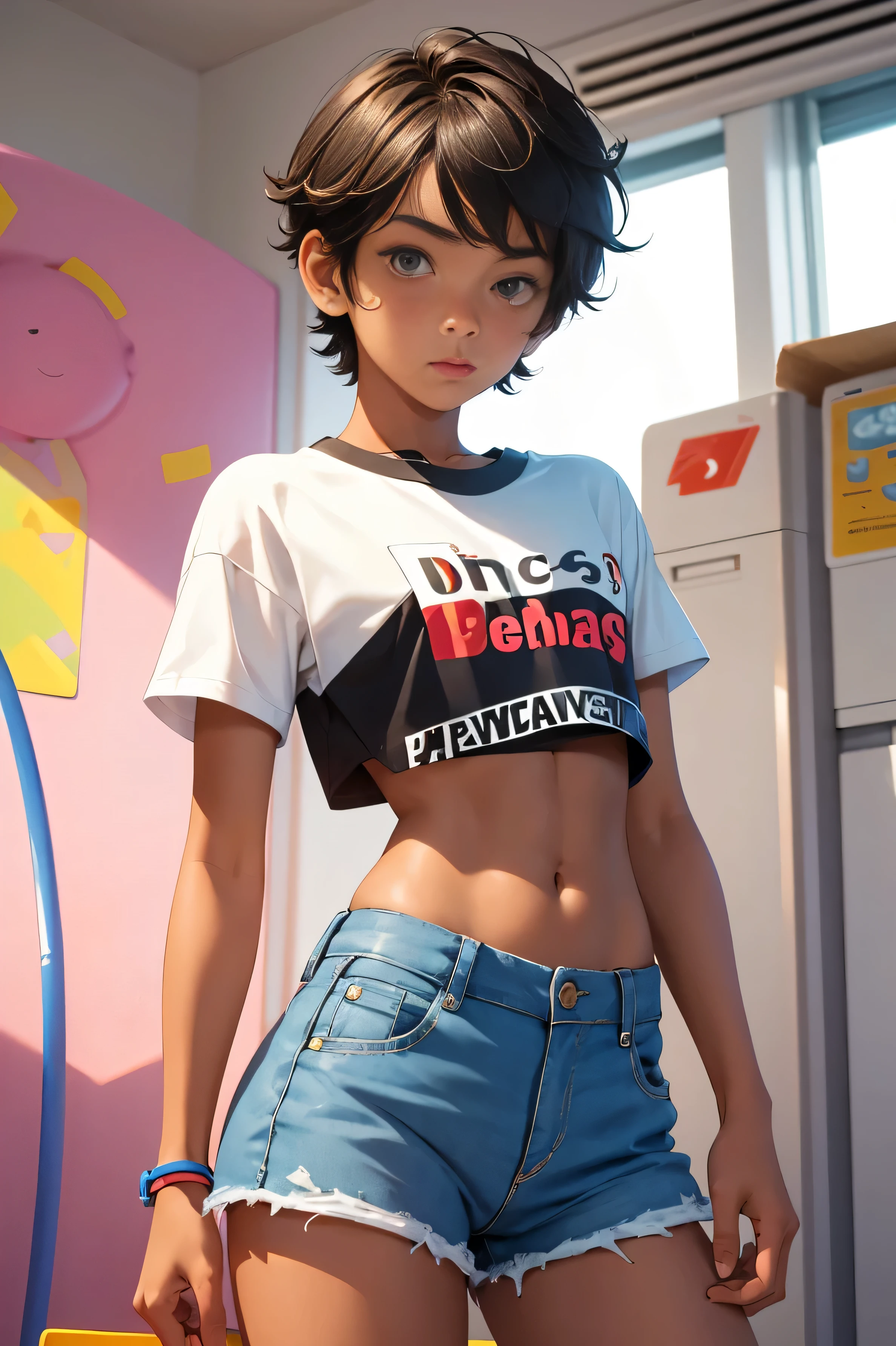 Teen boy 16 years old, beautiful teen boy is wearing a cropped shirt and too very much short mini shorts, the boy's legs are beautiful, tanned, bangs, flirty posing, hot summer, top quality,