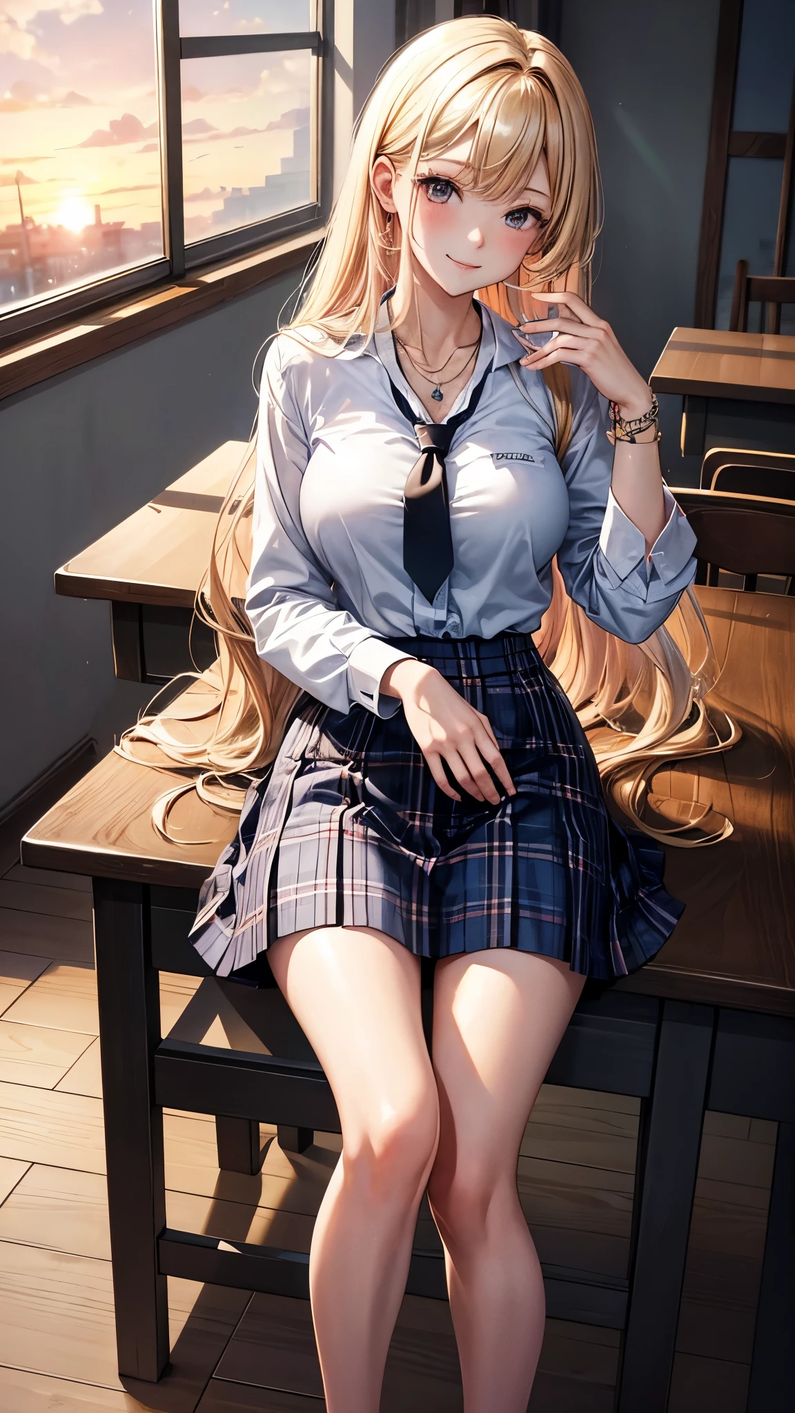 Masterpiece, best quality, high resolution, Kitagawa Marine, alone, blonde hair, long hair, I have pink tips., conjunctivitis, decorations, Necklace around the neck, white collar shirt, long-sleeved shirt, dark blue tie, blue plaid skirt, short skirt, Bare legs, brown loafers, black stockings, ear piercing, big breasts, Medium waist, Medium hips, The perfect tree, bracelet, classroom, Sitting at the table., Cross your legs., smile, see teeth, charming, Wonderful hands., sunset, good light