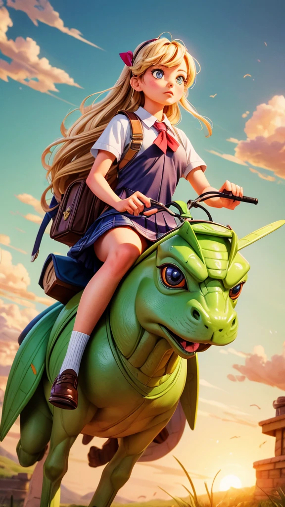 1girl riding on a large grasshopper, flying through the sky, detailed face and eyes, beautiful long hair, school uniform, vibrant colors, fantasy, cinematic lighting, highly detailed, 8k, photorealistic, masterpiece