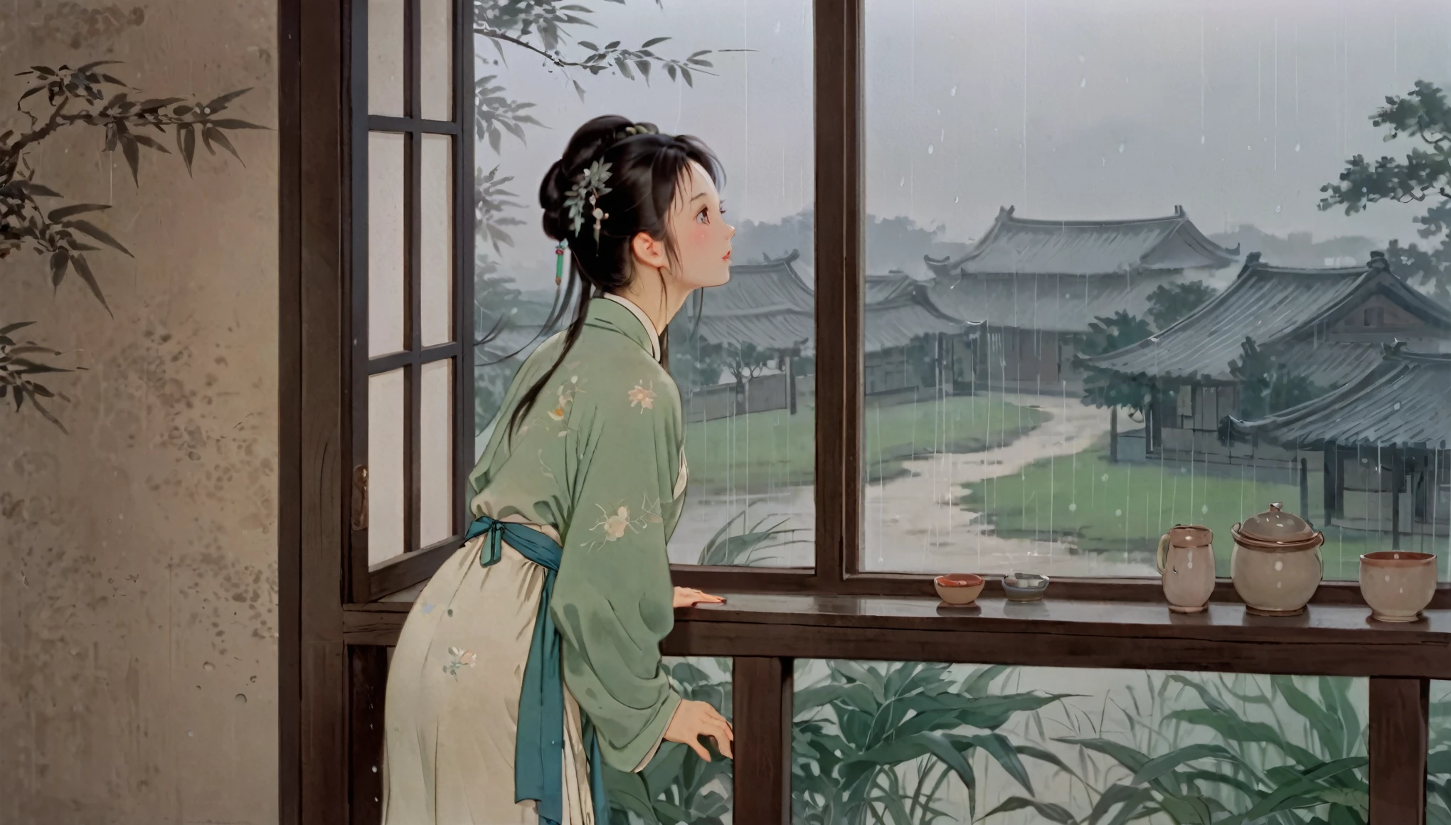 A Chinese woman，Leaning against the window，Watching the rain outside，Back