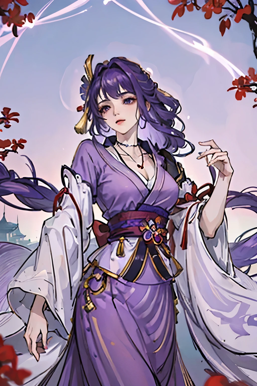 Best quality at best, Ultra-high resolution, (((1 girl))), (Long purple hair), (violet eyes), (Chinese clothes), (((Red Flowers necklace around her neck))), (Ultra Long Skirt), Hanfu, Yarn, Flowing light yarn, jewelry, (focal), (((Colorful))), particle fx , tmasterpiece, Best quality at best, beautiful painted, meticuloso, highly detailed, (tmasterpiece, Best quality at best) CG unified 8K wallpaper,(( Chinese mansion)), tmasterpiece,Best quality,ultra - detailed), Super HD picture quality