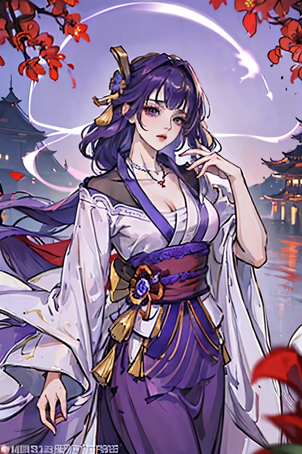 Best quality at best, Ultra-high resolution, (((1 girl))), (Long purple hair), (violet eyes), (Chinese clothes), (((Red Flowers necklace around her neck))), (Ultra Long Skirt), Hanfu, Yarn, Flowing light yarn, jewelry, (focal), (((Colorful))), particle fx , tmasterpiece, Best quality at best, beautiful painted, meticuloso, highly detailed, (tmasterpiece, Best quality at best) CG unified 8K wallpaper,(( Chinese mansion)), tmasterpiece,Best quality,ultra - detailed), Super HD picture quality