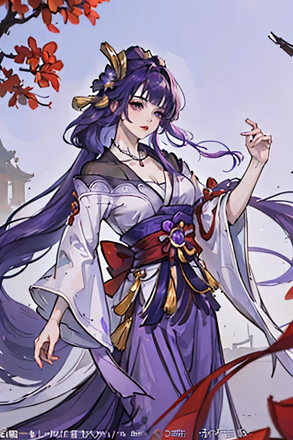 Best quality at best, Ultra-high resolution, (((1 girl))), (Long purple hair), (violet eyes), (Chinese clothes), (((Red Flowers necklace around her neck))), (Ultra Long Skirt), Hanfu, Yarn, Flowing light yarn, jewelry, (focal), (((Colorful))), particle fx , tmasterpiece, Best quality at best, beautiful painted, meticuloso, highly detailed, (tmasterpiece, Best quality at best) CG unified 8K wallpaper,(( Chinese mansion)), tmasterpiece,Best quality,ultra - detailed), Super HD picture quality