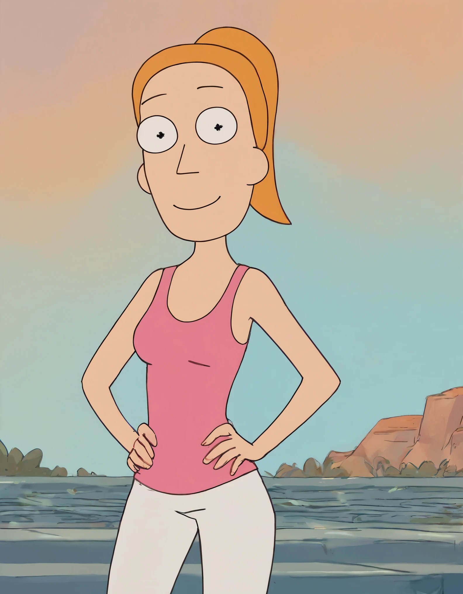 score_9,score_8_up,score_7_up,score_6_up,score_5_up,score_4_up, rating_safe, Summer Smith, 1 girl, solo, ponytail, orange hair, white pants, pink tank top, standing, smile, hands on hips, looking on viewer, 