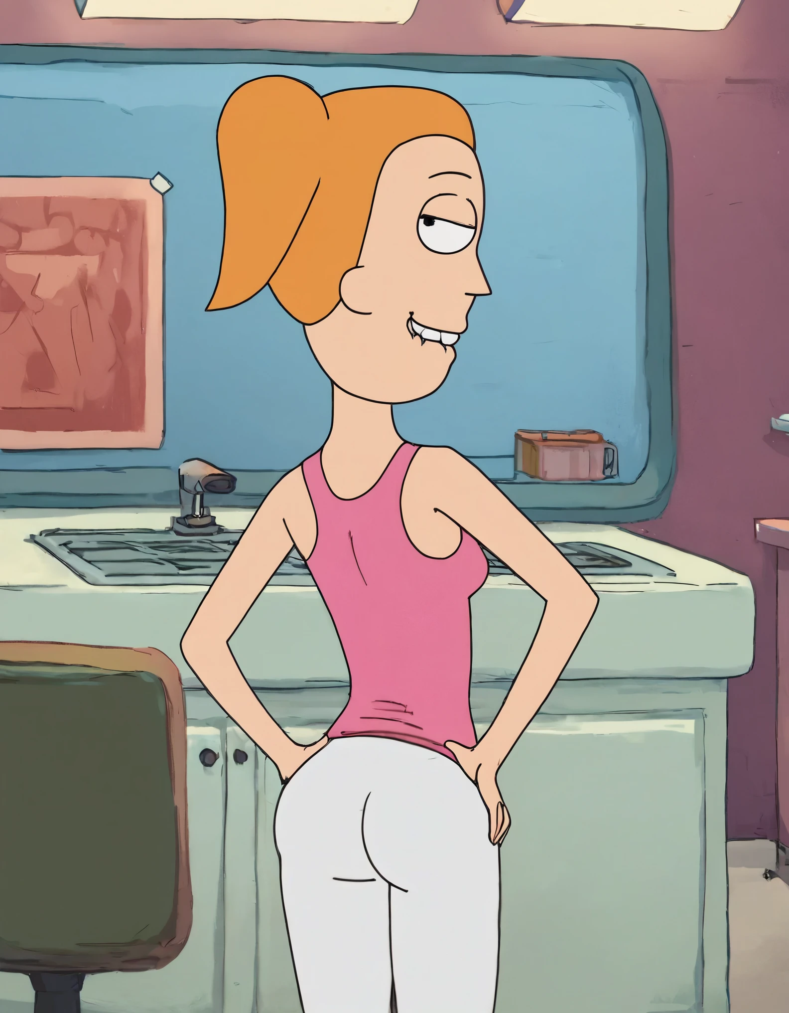 ((Summer)), breast small, butt small, huge butt, Futanari, hair orange, shirt pink, pant white, huge cock,sex public, precum