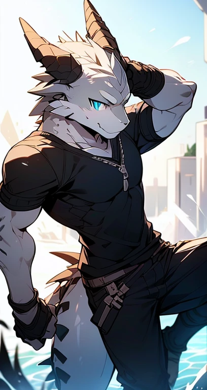 Masterpiece, Cool Pose, Furry Gray Dragon, Medium Strong Body, Blue Eyes, Grey Medium Hair, Combat Black Shirt, Combat Gloves, Combat Pants, Fierce, Good looking 