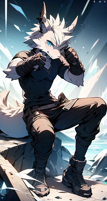 Masterpiece, Cool Pose, Furry Gray Dragon, Medium Strong Body, Blue Eyes, Grey Medium Hair, Combat Black Shirt, Combat Gloves, Combat Pants, Fierce, Good looking