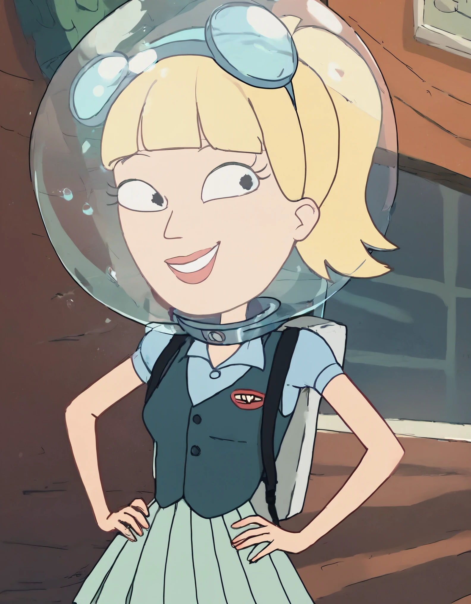 score_9,score_8_up,score_7_up,score_6_up,score_5_up,score_4_up, rating_safe, 1 girl, solo, standing, smile, hands on hips, looking on viewer, Annie, bubble helmet,blonde hair, pleated skirt, vest, bangs, black pupils 