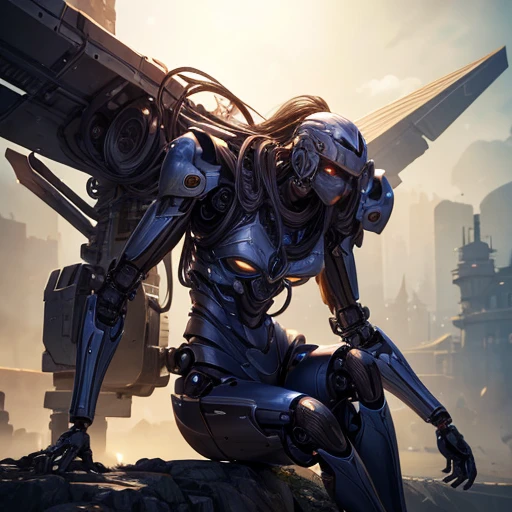 Super beautiful face, Mechanical body: 1.5, Online world background: 1.5, 19 years old, 150mm, Long Hair, Beautiful studio soft light, Vivid details, Beautiful background, Octane Rendering, 8k, highest quality, masterpiece, An illustration, So determined and beautiful, Very detailed, CG, Unity , wallpaper, (Realistic, photo-Realistic: 1.37), wonderful, In detail, Learning, highest quality, Official Art, Very detailed CG Unity 8k wallpaper, robot, whole body, whole body shooting, Sitting