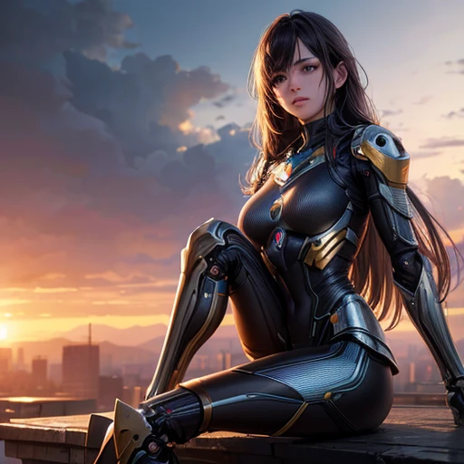 Super beautiful face, Mechanical body: 1.5, Online world background: 1.5, 19 years old, 150mm, Long Hair, Beautiful studio soft light, Vivid details, Beautiful background, Octane Rendering, 8k, highest quality, masterpiece, An illustration, So determined and beautiful, Very detailed, CG, Unity , wallpaper, (Realistic, photo-Realistic: 1.37), wonderful, In detail, Learning, highest quality, Official Art, Very detailed CG Unity 8k wallpaper, robot, whole body, whole body shooting, Sitting