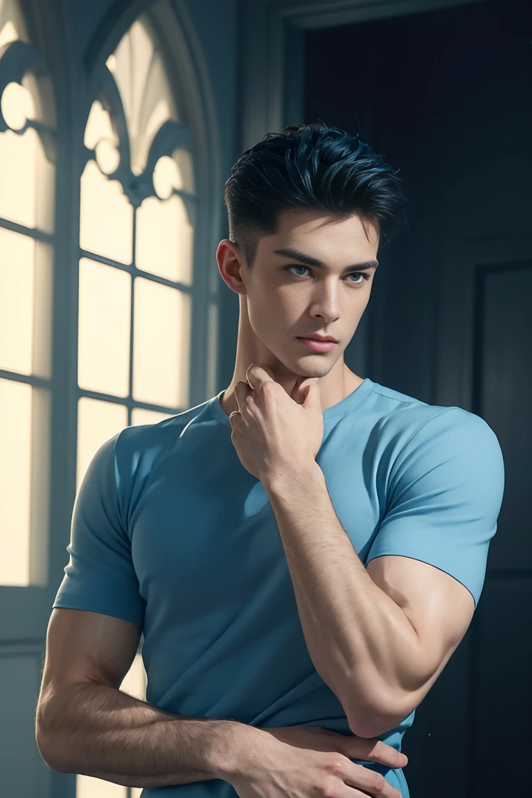 Ultra wide angle,((masterpiece)),((best quality)),8K,High Detail,Very detailed, 2 handsome muscular boys,Very manly,blue eyes,Stylish short hair,Vivid male image, fashion pose, masculine expression,Real skin texture, ((Perfect hand details)),(Real and complete hand details),Light,
Royal blue style couple,White male model photos