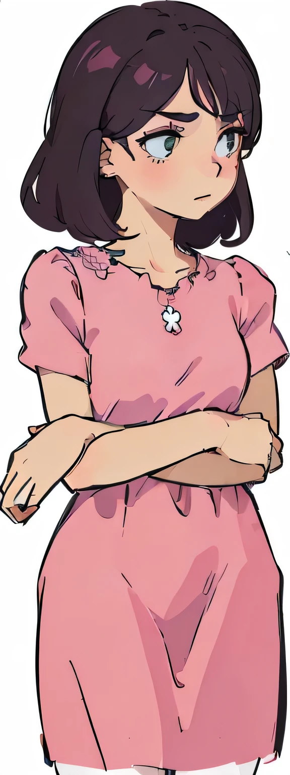a cartoon girl in a pink dress with her Arms Crossed, Wearing a pink dress, Cross your arms, arms crossed, crossed arms, Arms Crossed on chest, Arms Crossed, Wearing a pink dress, posing with Cross your arms, shrug arms, Upper body portrait, mid body portrait, Full body close-up, Hands on hips, Close-up of upper body