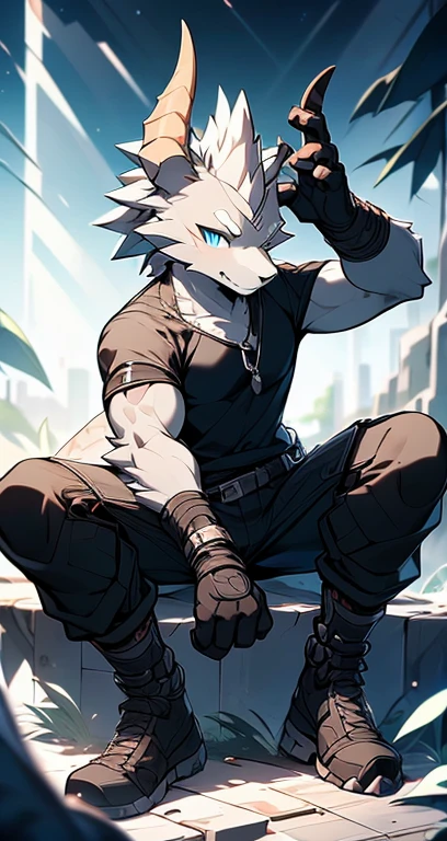 Masterpiece, Cool Pose, Furry Gray Dragon, Medium Strong Body, Blue Eyes, Grey Medium Hair, Combat Black Shirt, Combat Gloves, Combat Pants, Fierce, Good looking