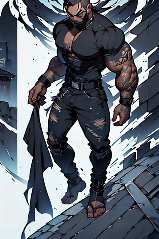 hombre delgado, barba perfectamente recortada, pelo largo en corte ninja con trenzas , black hair color at the roots. con tatuajes en los 2 hombros pecho y pierna derecha, ropa estilo urbano playera en color blanca y una negra arriba de la blanca, pantalon denim negro ecko, botas timberland en color crema, 1.65 estatura. (rapero) (estilo urbano) (Animado) ((estilo anime)) graffiti secret spirit art death painting 30% de cibor futurista, humano ft robot futurista, hero soldier, hombre rapero ninja futurista.(((hd, 4k, real))) (8K) ultra definido. Mystical Magic (cuerpo completo)full body skinny fire spirit. qui azul, de pie cuerpo de pie.