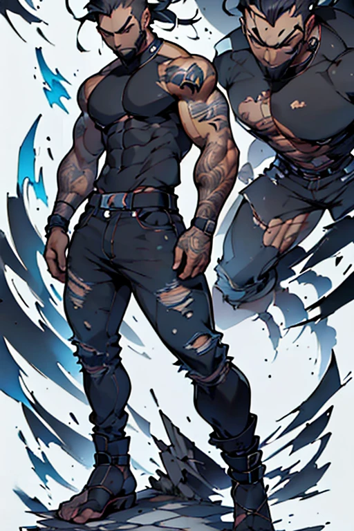 hombre delgado, barba perfectamente recortada, pelo largo en corte ninja con trenzas , black hair color at the roots. con tatuajes en los 2 hombros pecho y pierna derecha, ropa estilo urbano playera en color blanca y una negra arriba de la blanca, pantalon denim negro ecko, botas timberland en color crema, 1.65 estatura. (rapero) (estilo urbano) (Animado) ((estilo anime)) graffiti secret spirit art death painting 30% de cibor futurista, humano ft robot futurista, hero soldier, hombre rapero ninja futurista.(((hd, 4k, real))) (8K) ultra definido. Mystical Magic (cuerpo completo)full body skinny fire spirit. qui azul, de pie cuerpo de pie.