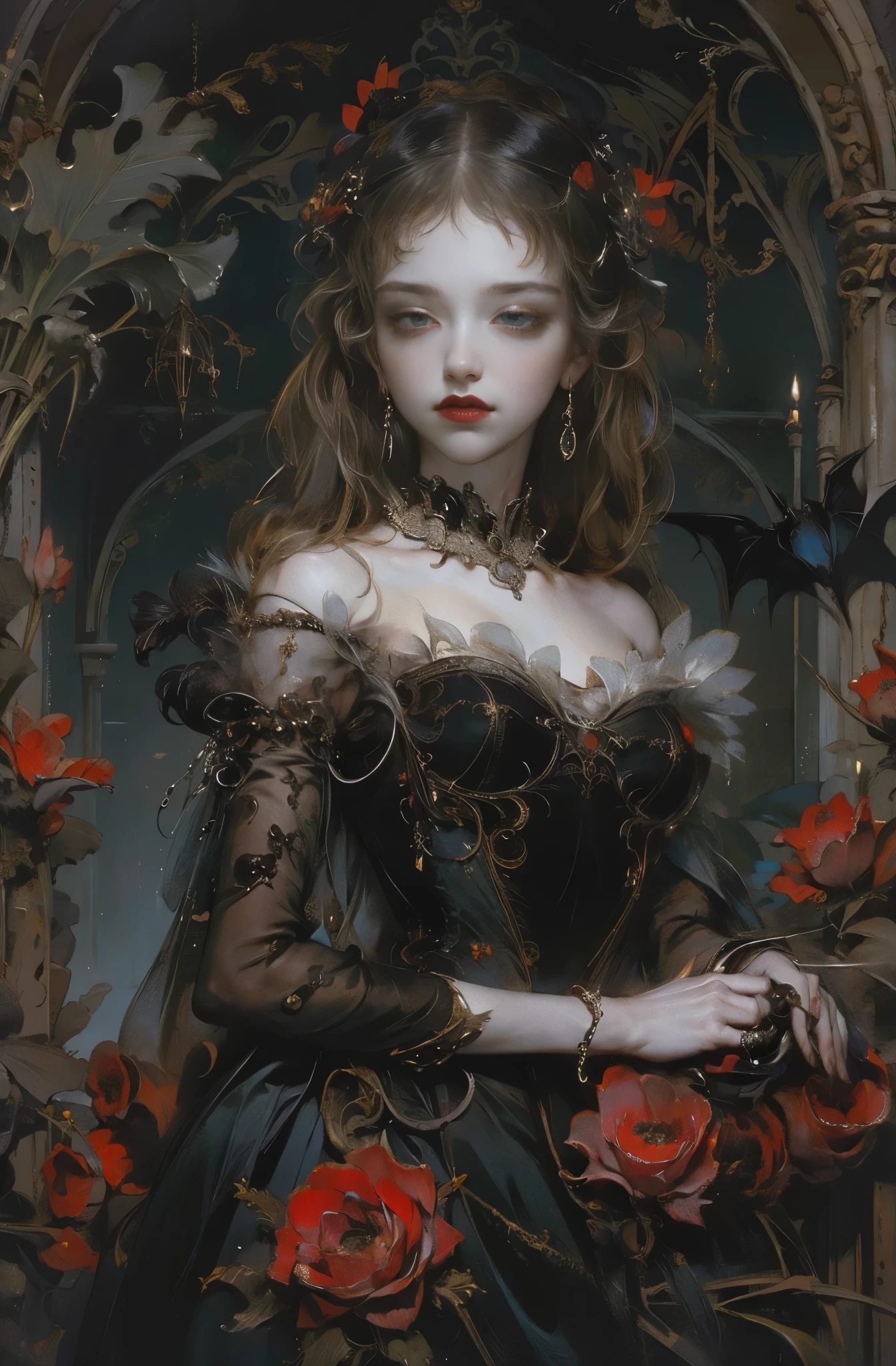 A painting of a woman in a black dress with red roses - SeaArt AI