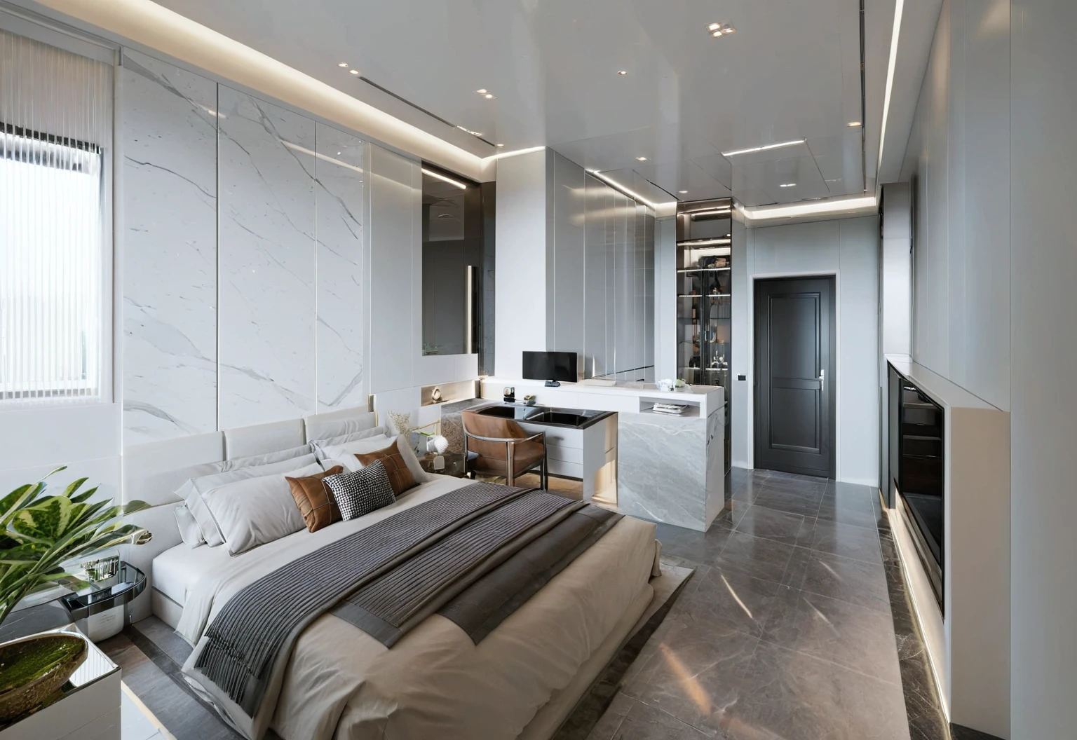 (best quality, masterpiece, high_resolution:1.5),UHD 32K, MATT CERAMIC TILING FLOOR, sharp detail, main materials white walls, WITH GREY MULLION STEEL FRAME, sky, day, indoors, no humans, window, chair, table, plant,BEDROOM ,Modern,3d style, ((WHITE CEILING : 1.3))