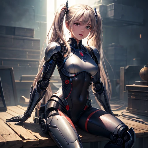 Super beautiful face, Mechanical body: 1.5, Online world background: 1.5, 19 years old, 150mm, Long Hair, Beautiful studio soft light, Vivid details, Beautiful background, Octane Rendering, 8k, highest quality, masterpiece, An illustration, So determined and beautiful, Very detailed, CG, Unity , wallpaper, (Realistic, photo-Realistic: 1.37), wonderful, In detail, Learning, highest quality, Official Art, Very detailed CG Unity 8k wallpaper, robot, whole body, whole body shooting, Sitting　Twin tails