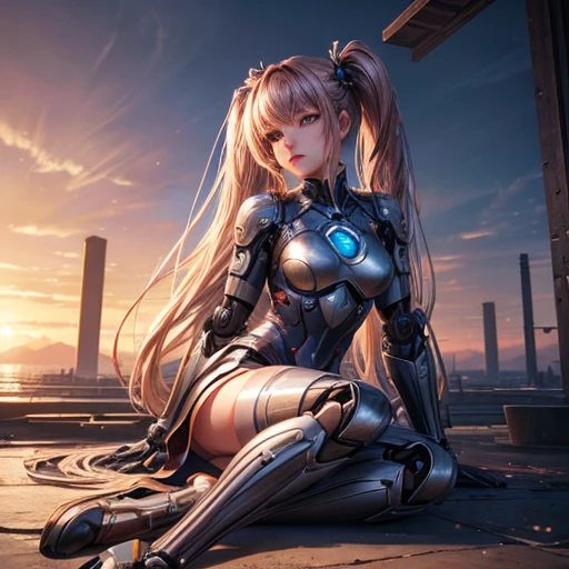 Super beautiful face, Mechanical body: 1.5, Online world background: 1.5, 19 years old, 150mm, Long Hair, Beautiful studio soft light, Vivid details, Beautiful background, Octane Rendering, 8k, highest quality, masterpiece, An illustration, So determined and beautiful, Very detailed, CG, Unity , wallpaper, (Realistic, photo-Realistic: 1.37), wonderful, In detail, Learning, highest quality, Official Art, Very detailed CG Unity 8k wallpaper, robot, whole body, whole body shooting, Sitting　Twin tails