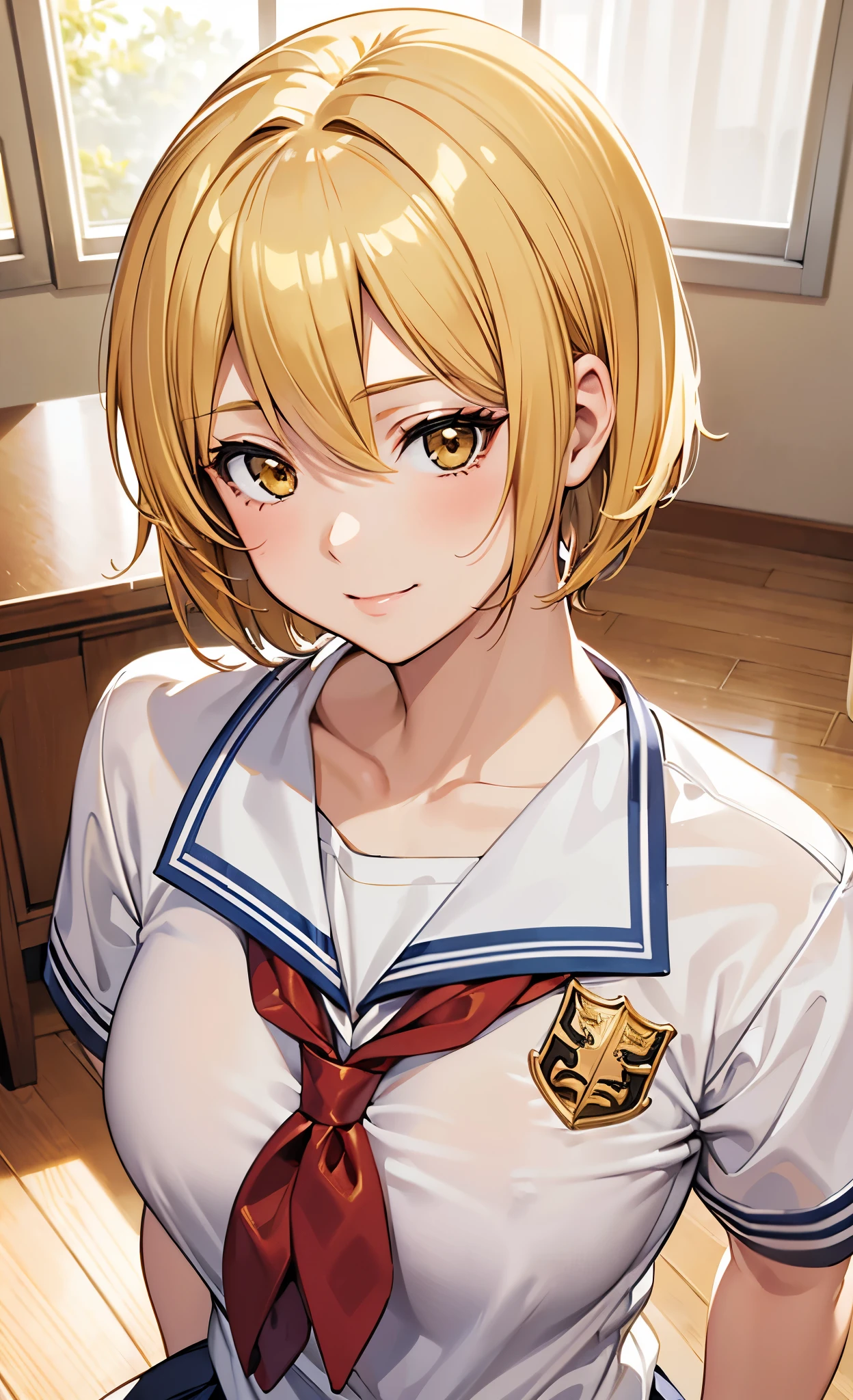 masterpiece, best quality, ultra detailed, ultra high resolution, very detailed face, anime, from top angle, front, ((solo)), (((girl, golden short hair))), ((school uniform)), medium breast, little smile, in the living room, indoor