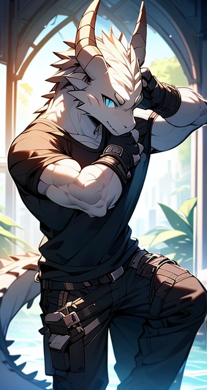 Masterpiece, Cool Pose, Furry Gray Dragon, Medium Strong Body, Blue Eyes, Grey Medium Hair, Combat Black Shirt, Combat Gloves, Combat Pants, Fierce, Good looking