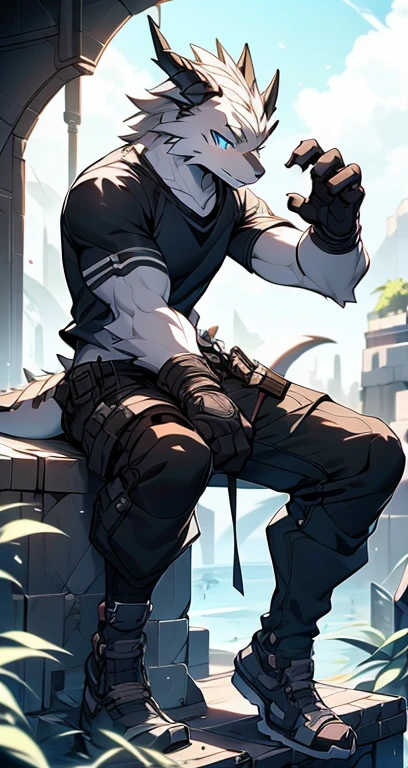 Masterpiece, Cool Pose, Furry Gray Dragon, Medium Strong Body, Blue Eyes, Grey Medium Hair, Combat Black Shirt, Combat Gloves, Combat Pants, Fierce, Good looking