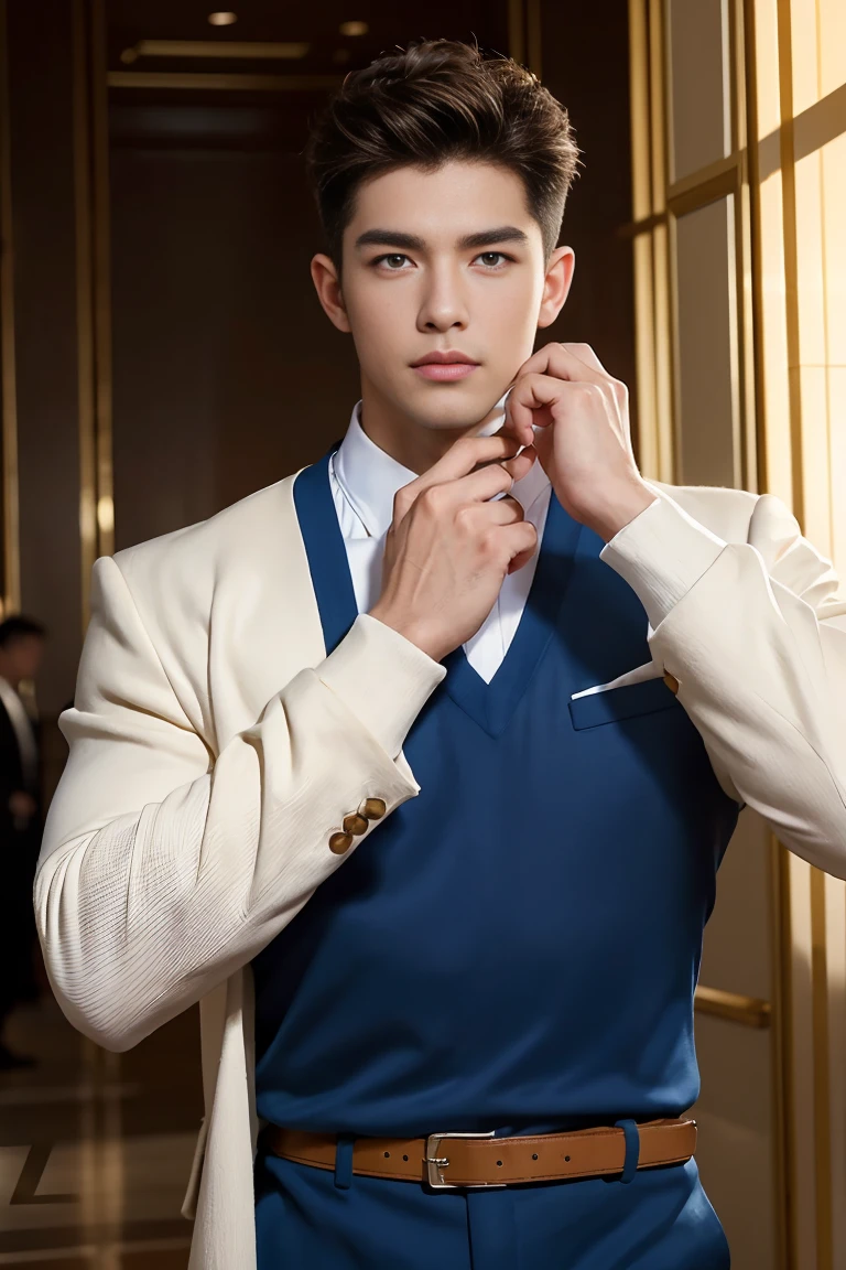 Ultra wide angle,((masterpiece)),((best quality)),8K,High Detail,Very detailed, 2 handsome muscular boys,Very manly,Golden brown eyes,Stylish short hair,Vivid male image, fashion pose, masculine expression,Real skin texture, ((Perfect hand details)),(Real and complete hand details),Light,
Royal blue style couple,White male model photos