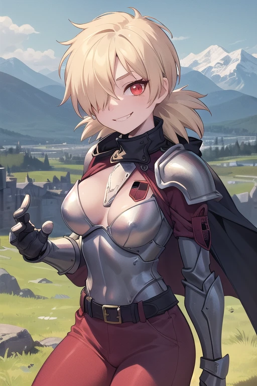 (masterpiece, best quality, detailed), 1girl, solo, seras victoria, hair over one eye, looking at viewer,
armor, breastplate, armored dress, cape, gauntlets, shoulder armor, bodysuit, outdoors, mountain, castle, fantasy, scenery, sky, hands behind back, smirk, red eyes
