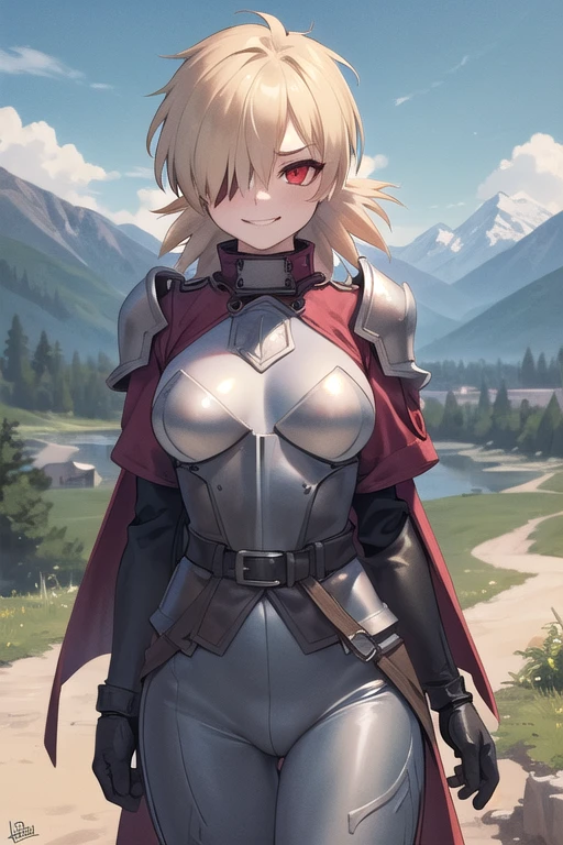 (masterpiece, best quality, detailed), 1girl, solo, seras victoria, hair over one eye, looking at viewer, 
armor, breastplate, armored dress, cape, gauntlets, shoulder armor, bodysuit, outdoors, mountain, castle, fantasy, scenery, sky, hands behind back, smirk, red eyes