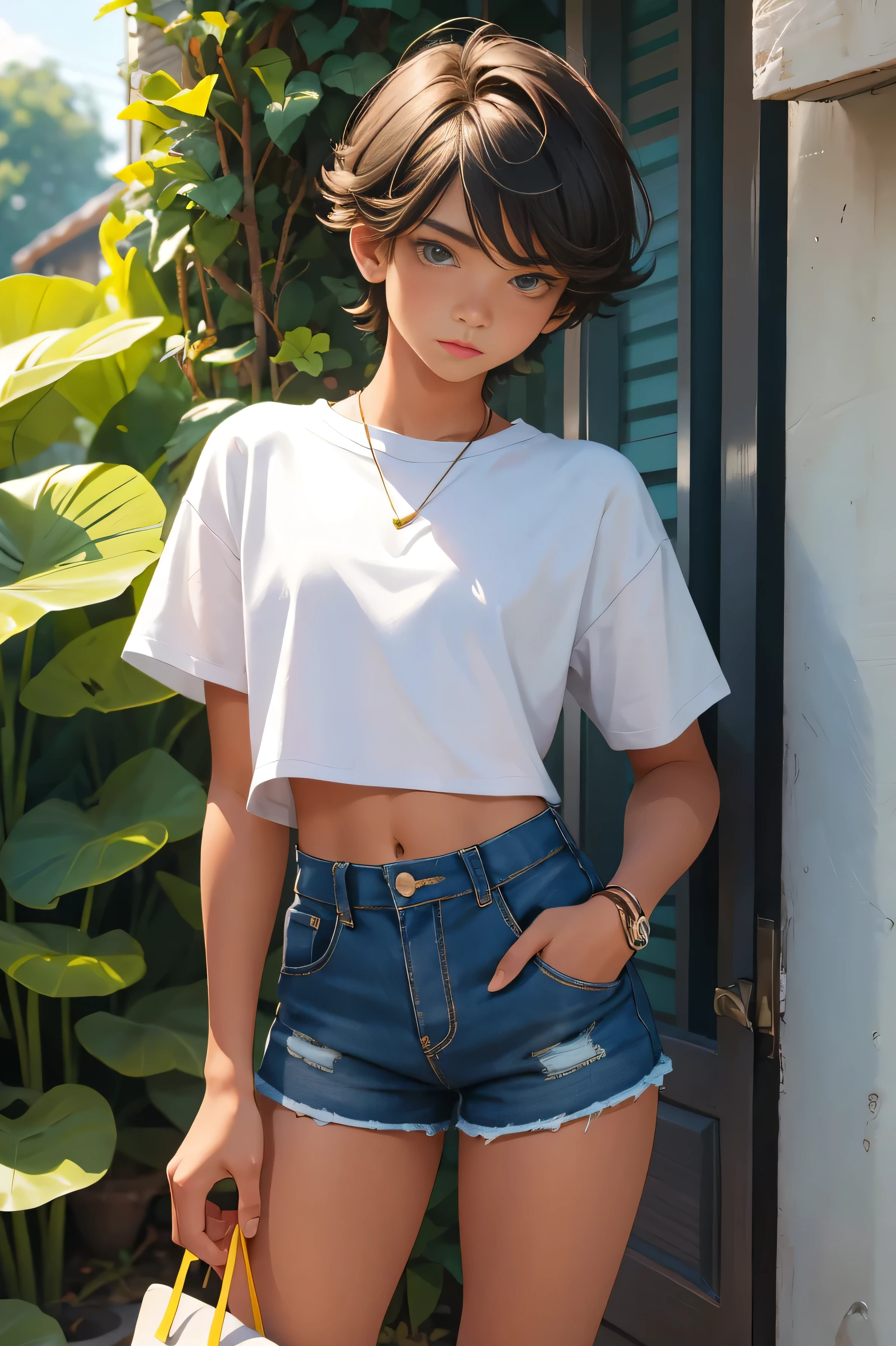 Teen boy 16 years old, beautiful teen boy is wearing a cropped shirt and too very much short mini shorts, the boy's legs are beautiful, tanned, bangs, flirty posing, hot summer, top quality,