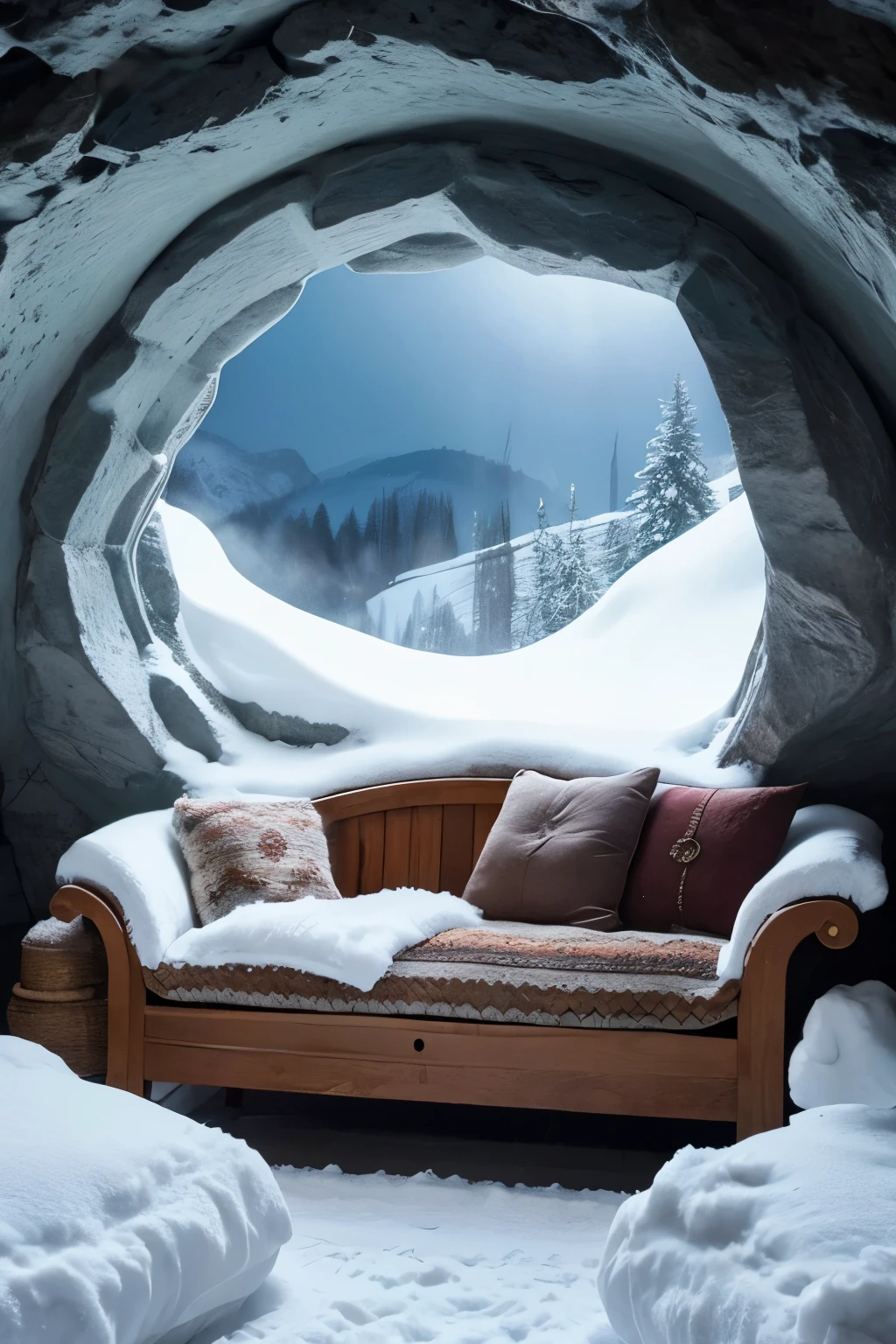Snow cave, The cave has a sofa with a round window、Cozy and serene atmosphere, House of The Hobbit、Best image quality、 Cozy rooms,Fantasy、Instagram
