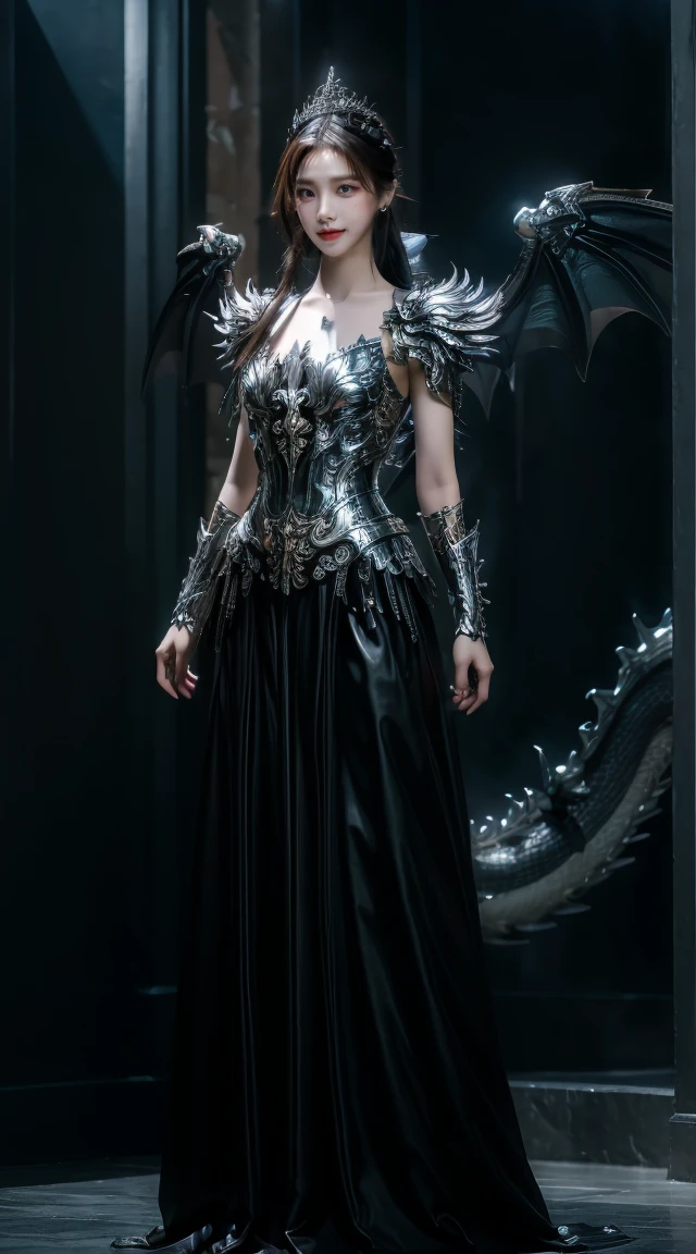 the Extremely Detailed CG Unity 8K Wallpapers、masterpiece、top-quality、ultra-detailliert, beatiful detailed eyes, Detailed finger, frontal photos, Facing the front, The best lighting, extremely delicate and beautiful, very thin waist, Heavy armor, Long silver hair, Electromechanical, One lady, 20 generations of beauties, (He has a large sickle in both hands.:1.2), Grim Reaper's Scythe, (very large silver dragon wings:1.4),The dragon, splash water, Fluid water, Water splash, Futuristic factory destroyed by a bomb, Mechanical City, Cyber Technology, steampunc, (of the highest quality, 16 K, masutepiece: 1.3)