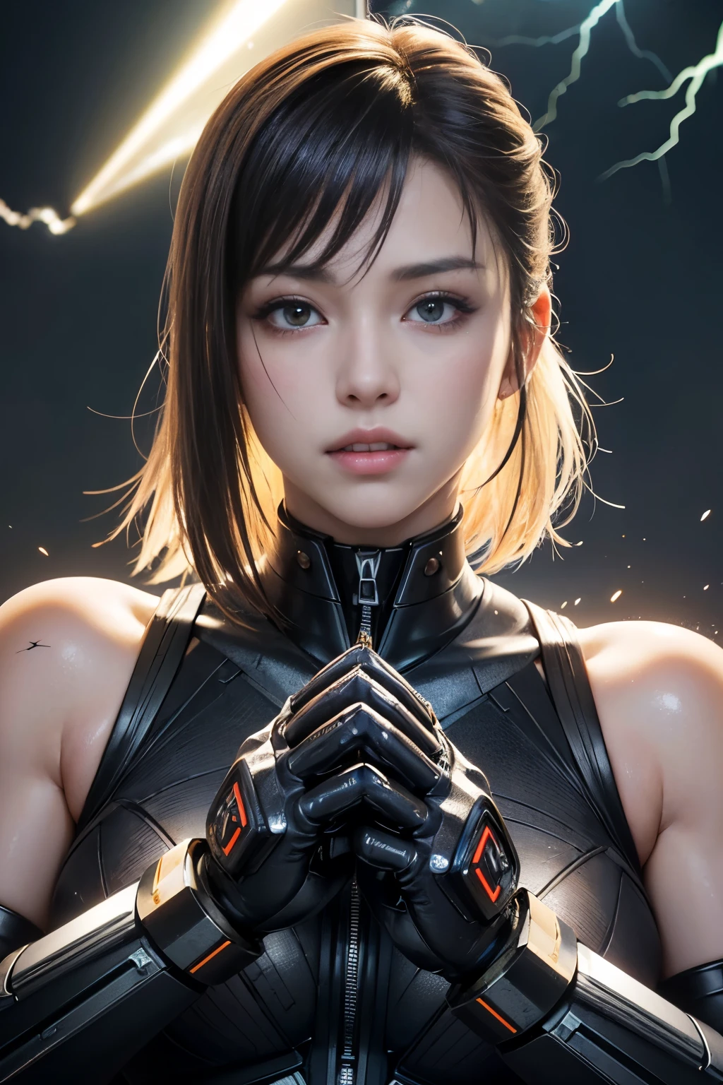Manga illustration, cyber punk, Comic Panel, (Skin dents:1.5)、Realistic、Photorealistic、(Masseter muscle area:1.5)、Concept Art、Intricate details、Very detailed、Photorealistic、Octane Rendering、8k、Unreal Engine、Dynamic Pose、highest quality、High resolution、(A vivid face:1.1)、 (Surreal:1.1)、Perfect Eyes、(Glowing Skin:1.2)、(((Hairstyle on)))、(((Perfect hands)))、(Very detailed背景)、((Moving Background) )、((lightning))、(light)、((One Girl))、I&#39;m wearing a cloak、(((Flowing Cape)))、((Finely grained、quality eyes、Quality aspect))、(Very complicated robe、magicのローブ)、short hair、lightning、electricity、Swirling Fire、Radiation Force、Spark of Light、cigarette、magic、((dramatic))、Spectacular、battle、Depth of written boundary、Bokeh、Gothic Lolita、embers、particle、cute、Sexy、Dynamic Angle、High precision finger、Flare、before、hair ornaments、Vivid、contrast、spark、underwear、Ren Hao、Hold a shining bow and arrow、Cowboy Shot、Fantasy、(Skin dents:1.5)、Realistic、Photorealistic、(Masseter muscle area:1.5)、Concept Art、Intricate details、Very detailed、Photorealistic、Octane Rendering、8k、Unreal Engine、Dynamic Pose、highest quality、High resolution、(A vivid face:1.1)、 (Surreal:1.1)、Perfect Eyes、(Glowing Skin:1.2)、(((Hairstyle on)))、(((Perfect hands)))、(Very detailed背景)、((Moving Background) )、((lightning))、(light)、((One Girl))、I&#39;m wearing a cloak、(((Flowing Cape)))、((Finely grained、quality eyes、Quality aspect))、(Very complicated robe、magicのローブ)、short hair、lightning、electricity、Swirling Fire、Radiation Force、Spark of Light、cigarette、magic、((dramatic))、Spectacular、battle、Depth of written boundary、Bokeh、Gothic Lolita、embers、particle、cute、Sexy、Dynamic Angle、High precision finger、Flare、before、hair ornaments、Vivid、contrast、spark、underwear、Ren Hao、Hold a shining bow and arrow、Cowboy Shot、Fantasy、