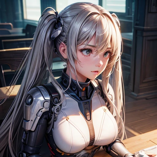 Super beautiful face, Mechanical body: 1.5, Online world background: 1.5, 19 years old, 150mm, Long Hair, Beautiful studio soft light, Vivid details, Beautiful background, Octane Rendering, 8k, highest quality, masterpiece, An illustration, So determined and beautiful, Very detailed, CG, Unity , wallpaper, (Realistic, photo-Realistic: 1.37), wonderful, In detail, Learning, highest quality, Official Art, Very detailed CG Unity 8k wallpaper, robot, whole body, whole body shooting, Sitting Twin tails Railgun