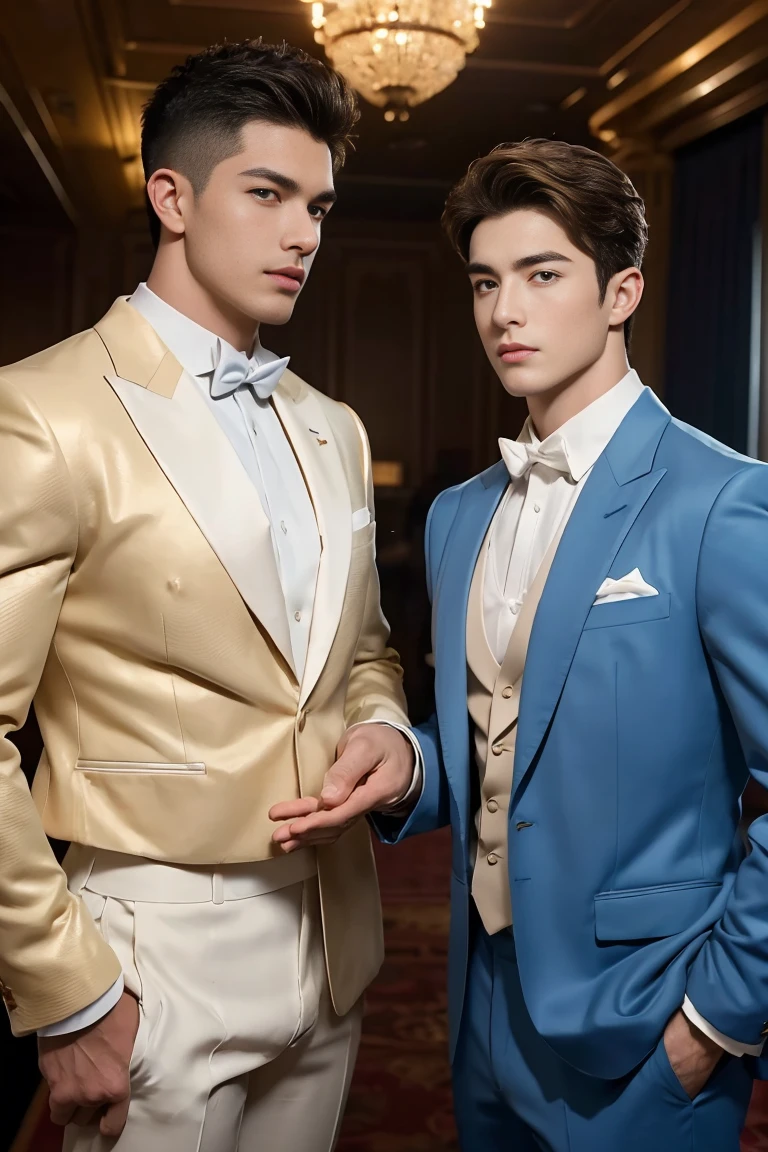 Ultra wide angle,((masterpiece)),((best quality)),8K,High Detail,Very detailed, 2 handsome muscular boys,Very manly,Golden brown eyes,Stylish short hair,Vivid male image, fashion pose, masculine expression,Real skin texture, ((Perfect hand details)),(Real and complete hand details),Light,
Royal blue style couple,White male model photos