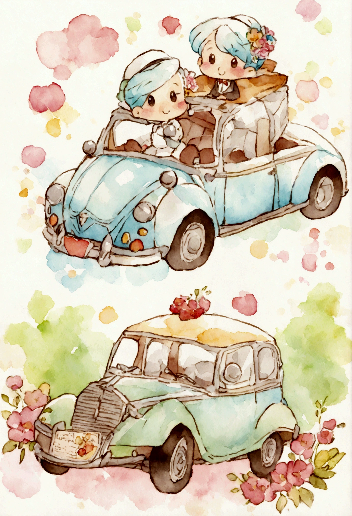 The rear of the classic car is painted with watercolors, For honeymooners for brides and grooms, In a funny cartoon style, Commonly used in wedding invitations