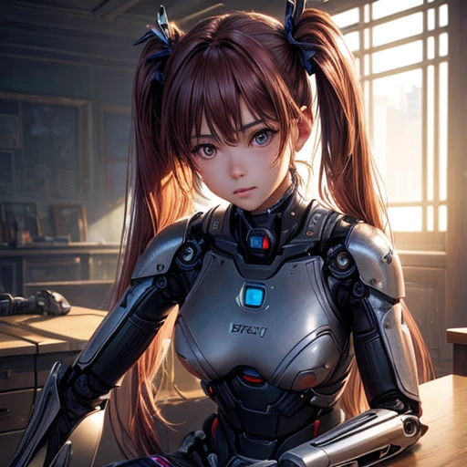 Super beautiful face, Mechanical body: 1.5, Online world background: 1.5, 19 years old, 150mm, Long Hair, Beautiful studio soft light, Vivid details, Beautiful background, Octane Rendering, 8k, highest quality, masterpiece, An illustration, So determined and beautiful, Very detailed, CG, Unity , wallpaper, (Realistic, photo-Realistic: 1.37), wonderful, In detail, Learning, highest quality, Official Art, Very detailed CG Unity 8k wallpaper, robot, whole body, whole body shooting, Sitting Twin tails Has a railgun