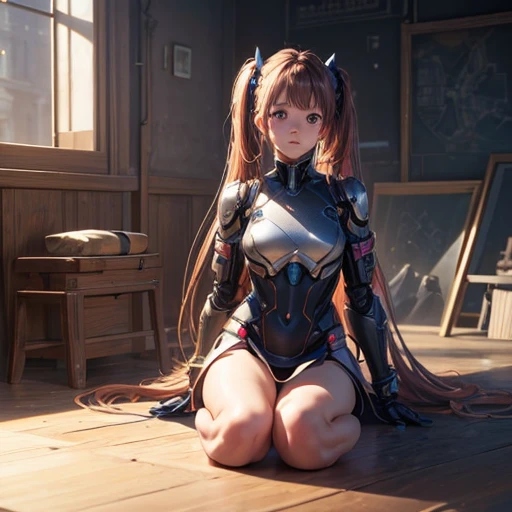 Super beautiful face, Mechanical body: 1.5, Online world background: 1.5, 19 years old, 150mm, Long Hair, Beautiful studio soft light, Vivid details, Beautiful background, Octane Rendering, 8k, highest quality, masterpiece, An illustration, So determined and beautiful, Very detailed, CG, Unity , wallpaper, (Realistic, photo-Realistic: 1.37), wonderful, In detail, Learning, highest quality, Official Art, Very detailed CG Unity 8k wallpaper, robot, whole body, whole body shooting, Sitting Twin tails Has a railgun