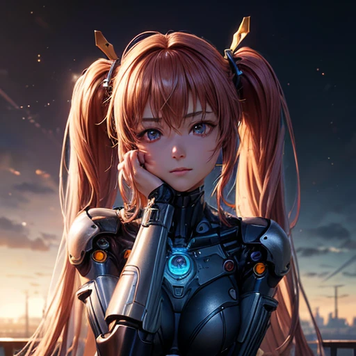 Super beautiful face, Mechanical body: 1.5, Online world background: 1.5, 19 years old, 150mm, Long Hair, Beautiful studio soft light, Vivid details, Beautiful background, Octane Rendering, 8k, highest quality, masterpiece, An illustration, So determined and beautiful, Very detailed, CG, Unity , wallpaper, (Realistic, photo-Realistic: 1.37), wonderful, In detail, Learning, highest quality, Official Art, Very detailed CG Unity 8k wallpaper, robot, whole body, whole body shooting, Sitting Twin tails Has a railgun