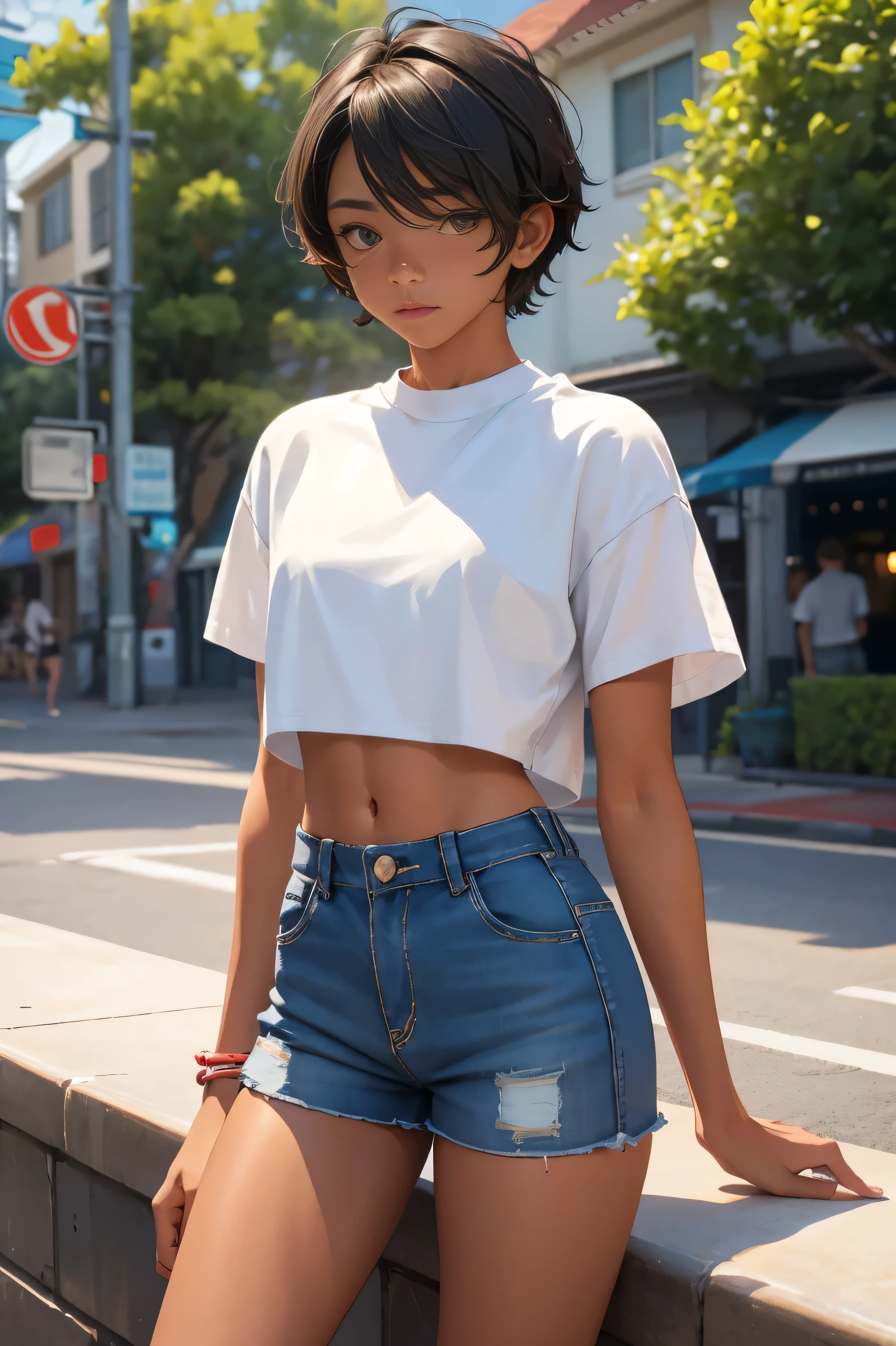 , beautiful teen boy is wearing apped shirt and too very much short mini shorts, the boy's legs are beautiful, tanned, bangs, flirty posing, hot summer, top quality,