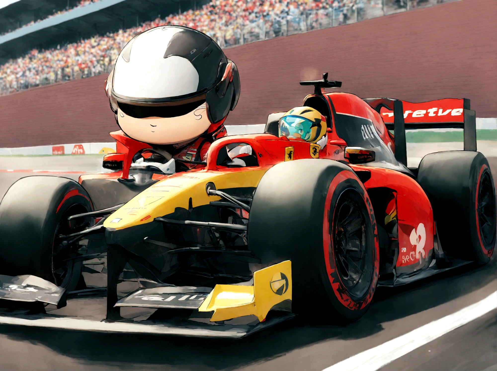 Three cartoon characters are wearing helmets and riding in a truck, New AI Race, Alien race drivers, 1 1, Race, Helmet instead of head, The helmet is off, driver, Ferrari, Formula 1, Blurred F1 car in the background, 🔞🤡, 🐋 as 🐘 as 🤖 as 👽 as 🐳, 公式現代animeーション, Disaster awareness, anime, pixelated, kids cartoon, cute, race, card, Loriman, Speedway, Raceway, Retro, arcade, game