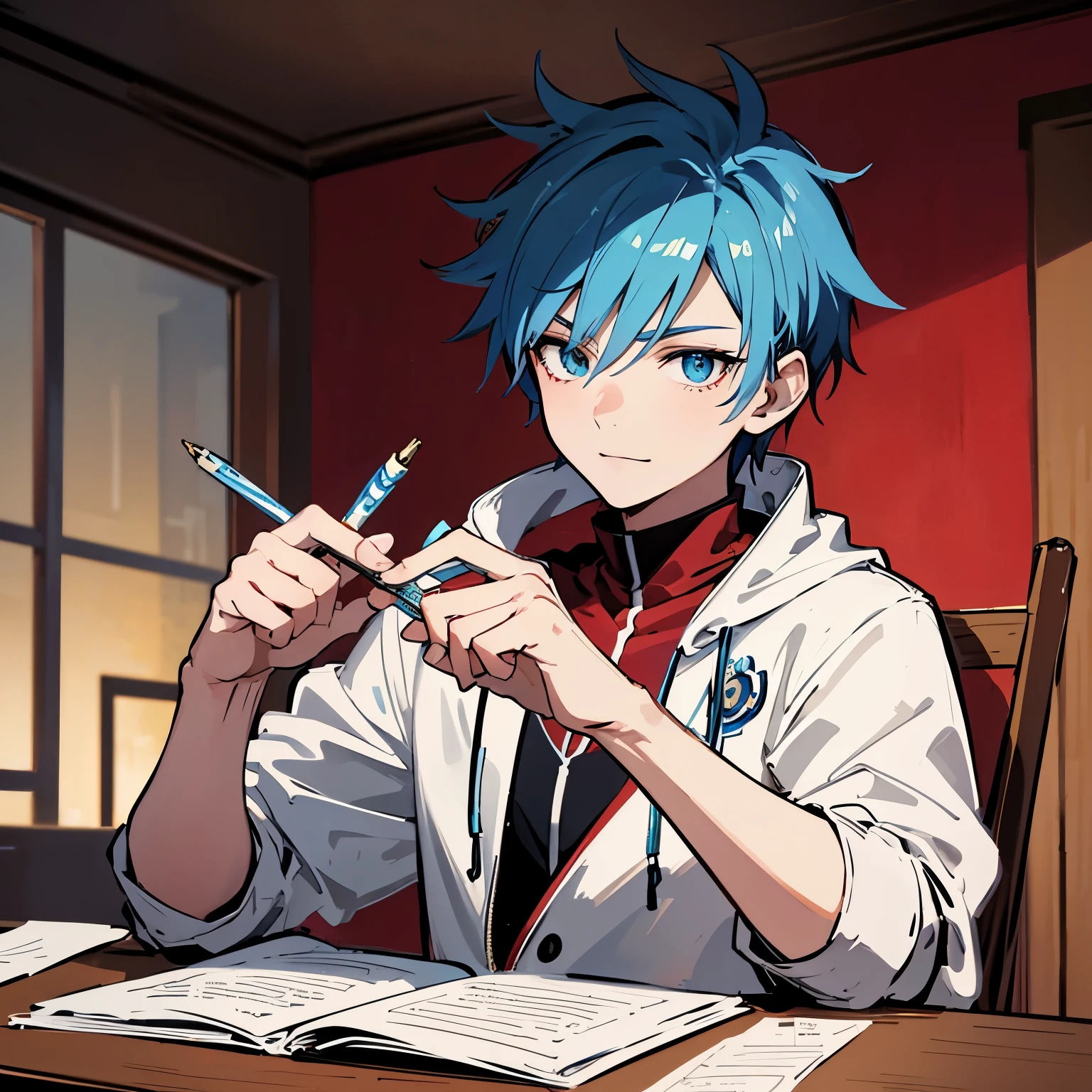Anime style, detailed digital illustration of a young male character with blue spiky hair, red and white tribal face paint, and a white and red jacket, sitting at a wooden desk in a cozy, warmly lit modern teen room, writing on a piece of paper with a pen in hand and smiling happily, surrounded by glowing blue orbs of fire, highly detailed, trending on ArtStation, cinematic composition, cartoon